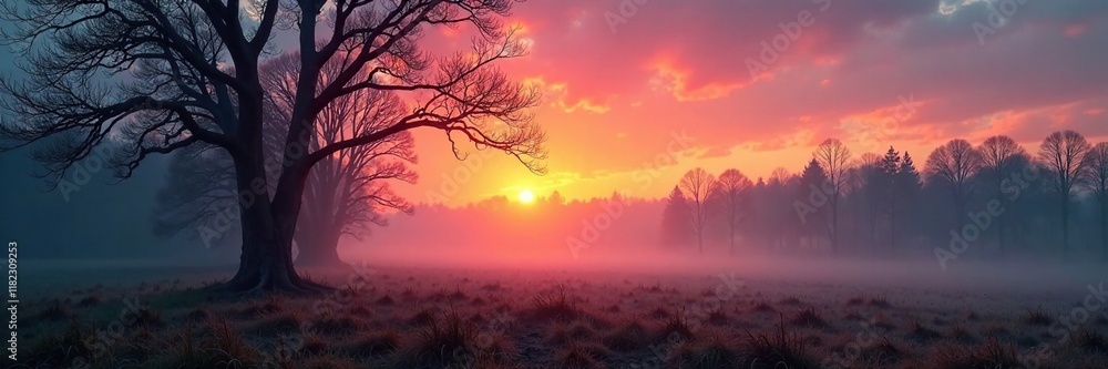 Fototapeta premium Misty dawn in a Ukrainian forest with bare trees, dawn, tree