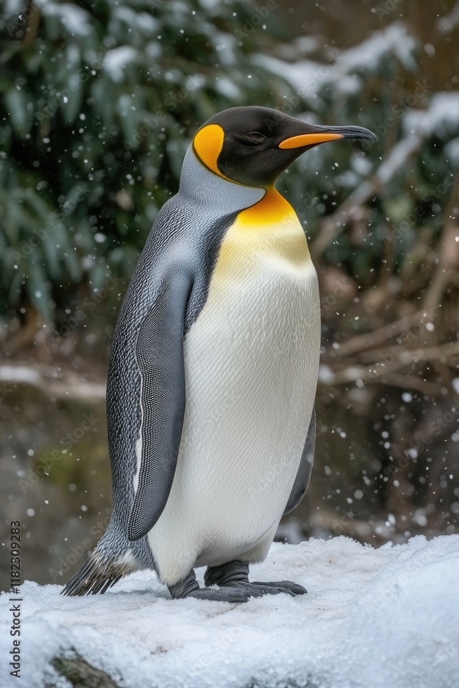 Fototapeta premium A solitary emperor penguin stands on snow, surrounded by a snowy landscape and greenery.