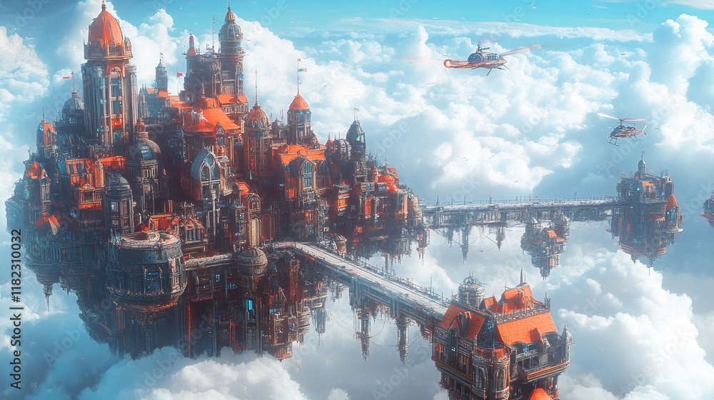 Floating city above the clouds with futuristic architecture, connected by sky bridges and aerial vehicles  