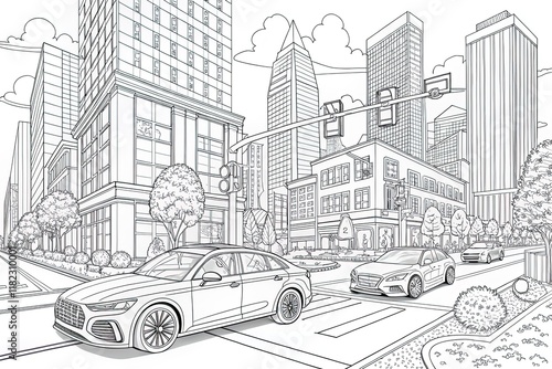 Coloring page for boys: cars rushing down the street of a modern city with high-rise buildings