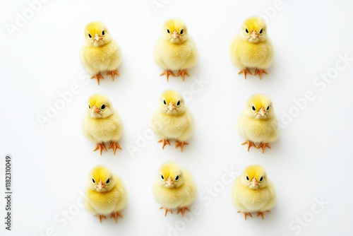 Adorable arrangement of nine fluffy yellow chicks on a clean white background photo