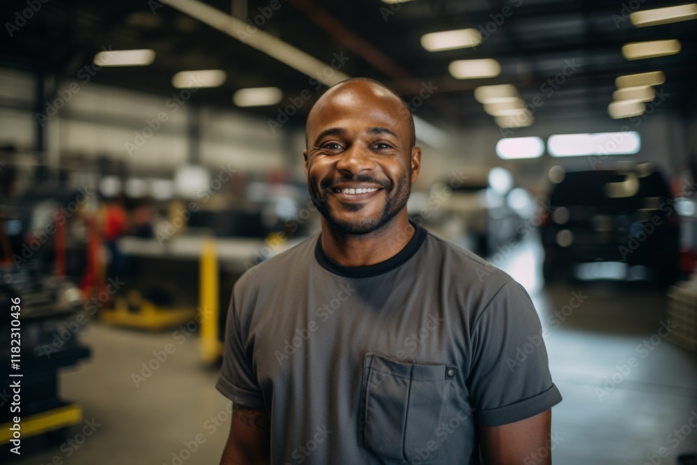 Smiling portrait of a middle aged African American car mechanic in workshop Smiling portrait of a middle aged African American car mechanic in workshop
