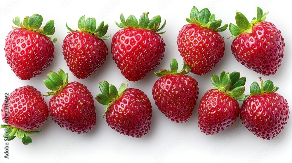 Ten ripe strawberries arranged on white background. Ten ripe strawberries arranged on white background.