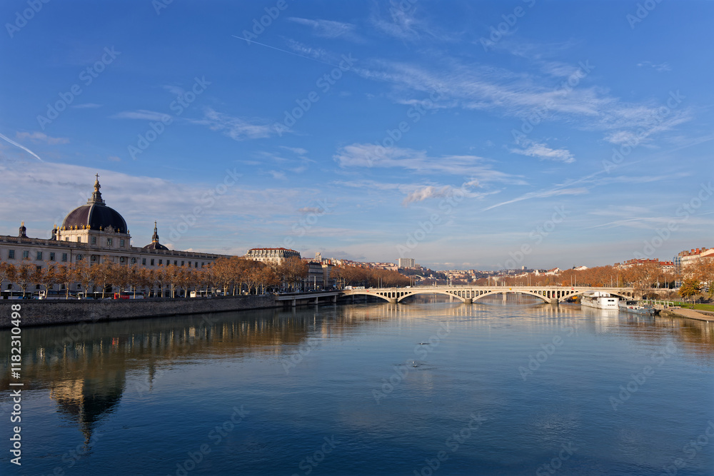 Fototapeta premium LYON, November 26, 2024 : Hotel-Dieu and the banks of Rhone river in City Center