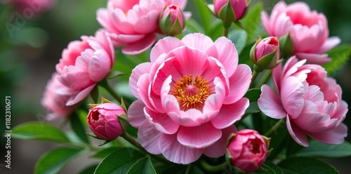Fototapeta Naklejka Na Ścianę i Meble -  Pink peonies and garden roses in a lush, full bouquet, with greenery and foliage, fresh cut, spring