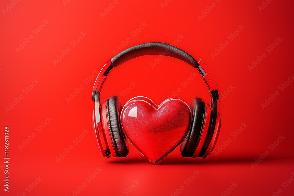 volumetric red Heart in headphones on a red background. vector illustration. Music love concept volumetric red Heart in headphones on a red background. vector illustration. Music love concept