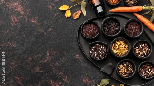 Wallpaper Mural A Stylish Arrangement of Spices and Herbs in Bowls with Various Textures and Colors, Complemented by Fresh Carrots and Leaves on a Dark Background Torontodigital.ca