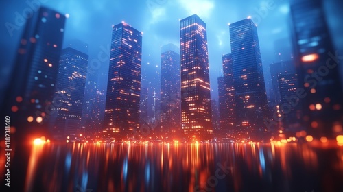 Futuristic Skyscrapers with Vibrant Night Lights. Generative AI