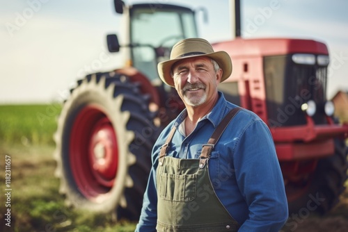 Portrait of a smiling middle aged male farmer standing next to tractor