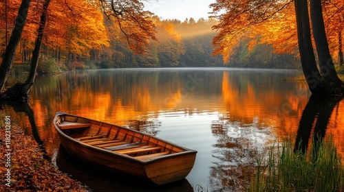 Serene autumn landscape with a wooden boat on a lake.