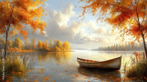 Tranquil autumn lake scene with a boat and vibrant foliage.