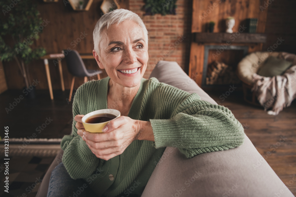 Charming elderly woman enjoying a relaxing weekend at home with a warm cup of coffee in a cozy living room filled with natural daylight. Charming elderly woman enjoying a relaxing weekend at home with a warm cup of coffee in a cozy living room filled with natural daylight.