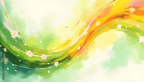 Abstract Spring Energy Flow with Delicate White Flowers in Green and Yellow Tones