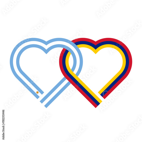 heart shaped ribbon of argentina and venezuela flags intertwined. vector illustration isolated on white background