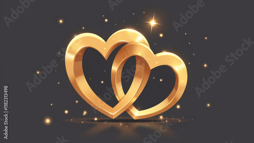 Romantic Golden Intertwined Hearts with Glowing Particles Against Dark Background
