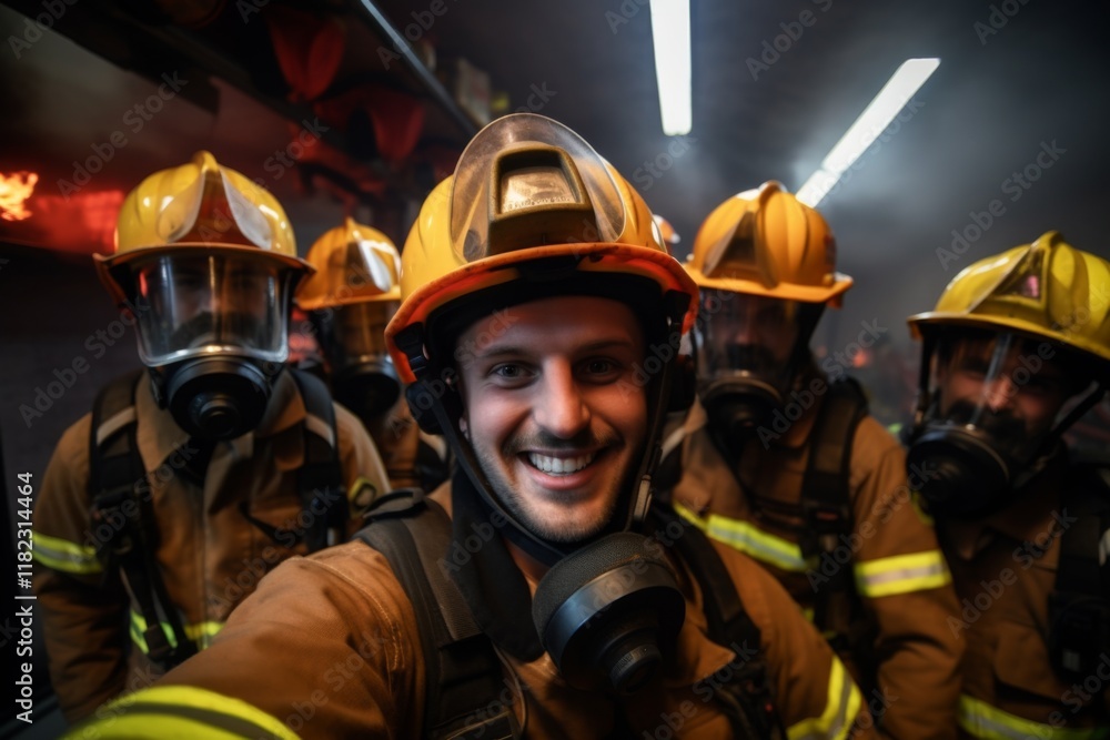 Portrait of a smiling group of firefighters taking selfie at station Portrait of a smiling group of firefighters taking selfie at station