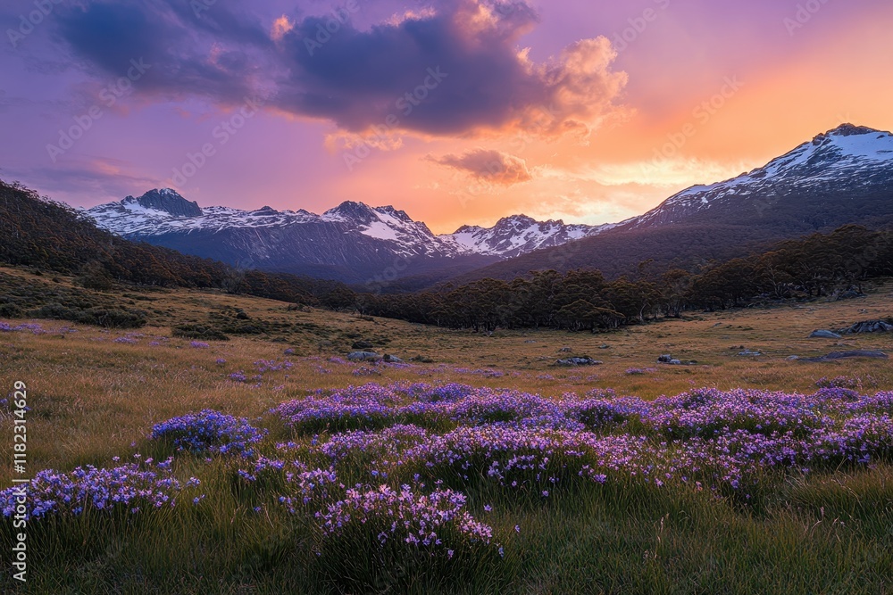 Obraz premium Vibrant wildflowers bloom in a serene valley with snow-capped mountains during sunset