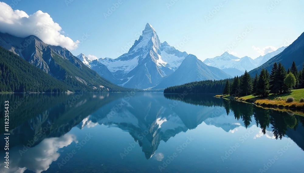 The calm lake's surface mirrors the majestic snow-capped peak, landscape, cap The calm lake's surface mirrors the majestic snow-capped peak, landscape, cap