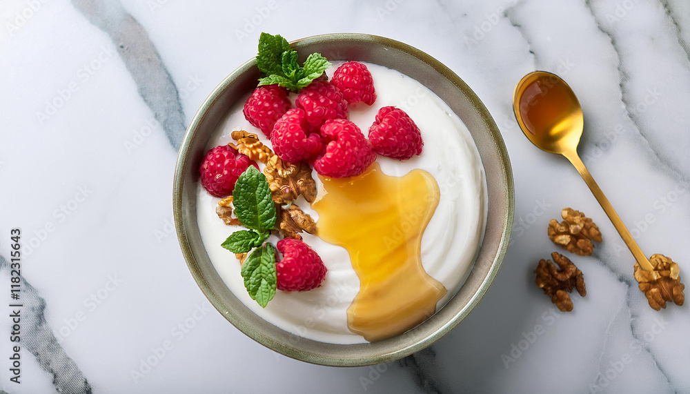 thick greek yogurt topped with honey fresh raspberries walnuts and mint on a marble surface ideal for breakfast or a healthy snack thick greek yogurt topped with honey fresh raspberries walnuts and mint on a marble surface ideal for breakfast or a healthy snack