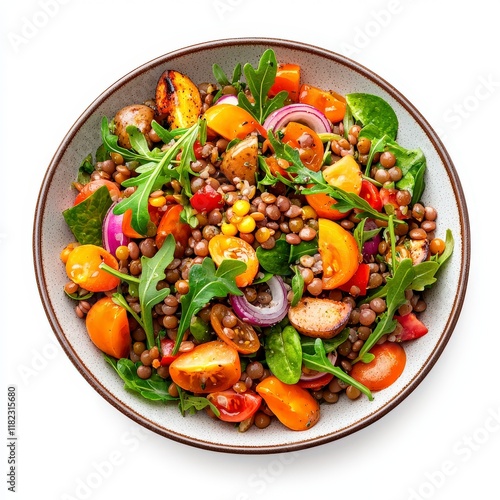 Vibrant vegetarian salad featuring lentils, fresh herbs, and a mix of colorful vegetables in a bowl.
