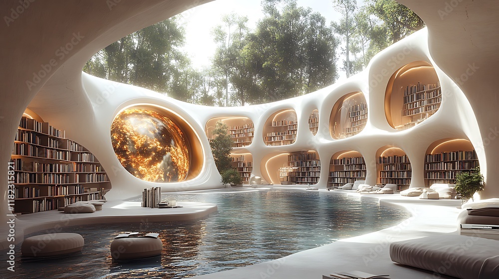 Fototapeta premium Futuristic Library Design With Indoor Pool and Earth View