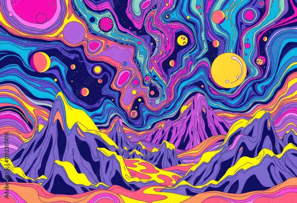 Abstract landscape with vibrant colors and swirling patterns. Abstract landscape with vibrant colors and swirling patterns.
