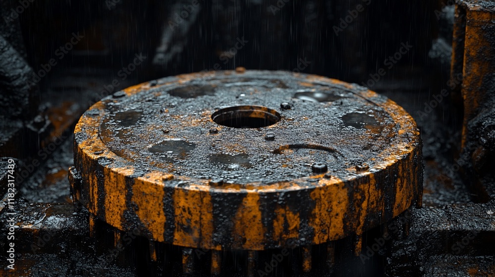Oily Industrial Machine Part Under Rain Oily Industrial Machine Part Under Rain