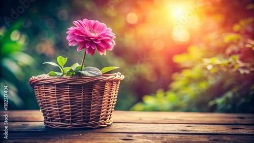 Vintage Pink Flower in Brown Wicker Pot - Spring Summer Floral Background