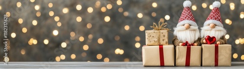 Charming Holiday Scene Featuring Two Adorable Santa Figurines with Gifts Against a Festive Bokeh Background Perfect for Christmas Celebrations and Seasonal Decorations photo