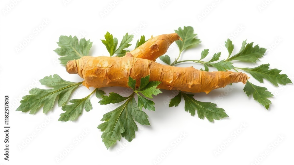 Vibrant fresh turmeric root with lush green leaves isolated on white, plant,curcuma Vibrant fresh turmeric root with lush green leaves isolated on white, plant,curcuma
