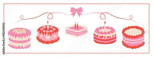 A set of vintage inspired birthday cakes with frosting and candles, Coquette style valentine's day cake in pink red colors. February 14.