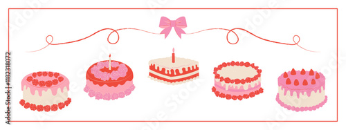 A set of vintage inspired birthday cakes with frosting and candles, Coquette style valentine's day cake in pink red colors. February 14.