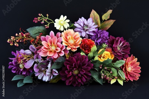 Colorful floral arrangement featuring various flowers and foliage on a dark background