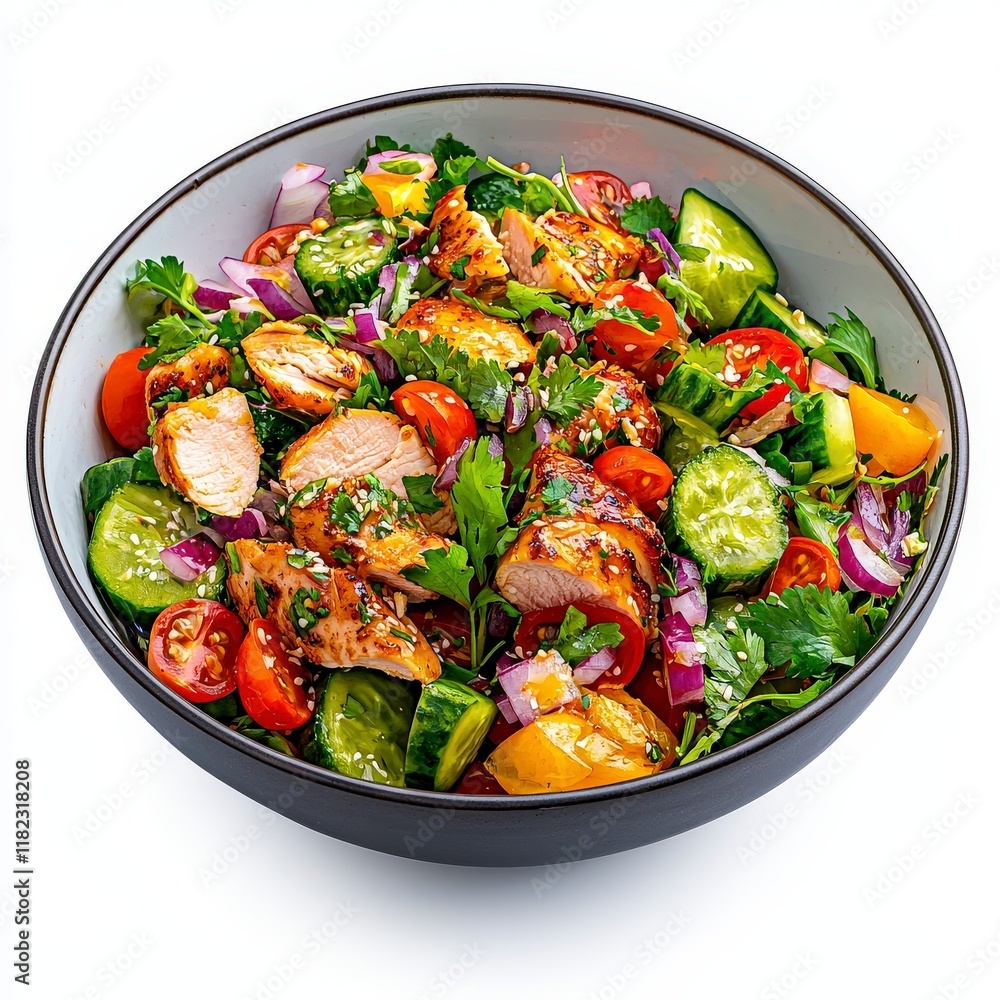 A colorful and healthy Larb Gai Thai Chicken Salad featuring grilled chicken, fresh vegetables, and herbs, perfect for a nutritious meal. A colorful and healthy Larb Gai Thai Chicken Salad featuring grilled chicken, fresh vegetables, and herbs, perfect for a nutritious meal.