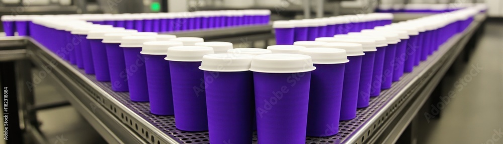Rows of Purple Disposable Cups on Metal Shelves in a Modern Facility, Showcasing Production and Manufacturing Lines with a Focus on Beverage Packaging Solutions Rows of Purple Disposable Cups on Metal Shelves in a Modern Facility, Showcasing Production and Manufacturing Lines with a Focus on Beverage Packaging Solutions