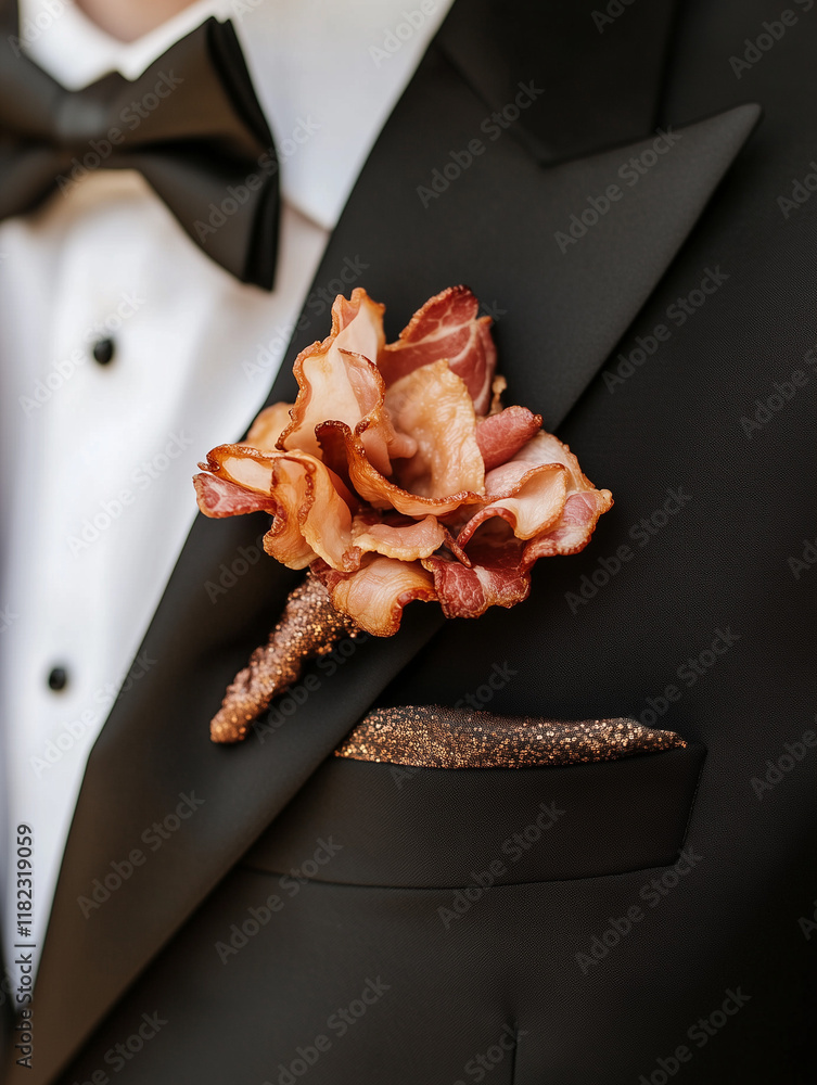 custom made wallpaper toronto digital a boutonniere made of bacon strip on a black suit.
