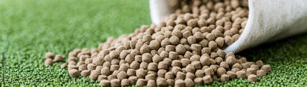 Close-Up of Granulated Material Pouring from a Fabric Bag onto Green Surface, Ideal for Garden, Agriculture, or Landscaping Applications Close-Up of Granulated Material Pouring from a Fabric Bag onto Green Surface, Ideal for Garden, Agriculture, or Landscaping Applications