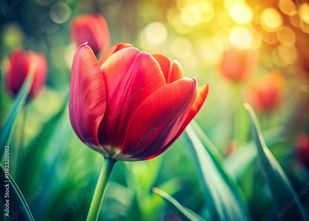 Fototapeta premium Vintage Red Tulip on Green Background - Classic Spring Floral Photography