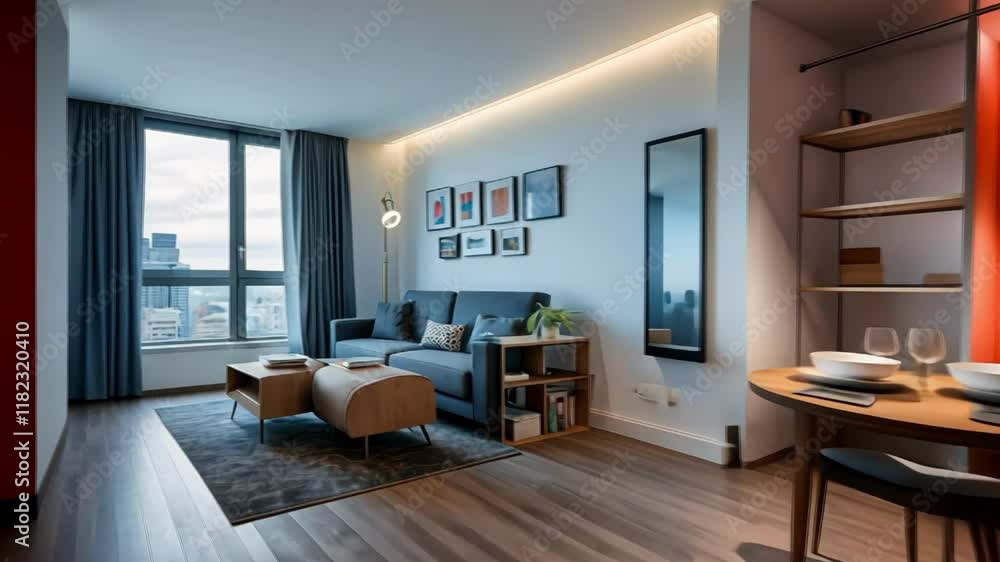 Modern apartment interior featuring cozy living room with stylish furniture, warm lighting, and urban skyline view Modern apartment interior featuring cozy living room with stylish furniture, warm lighting, and urban skyline view