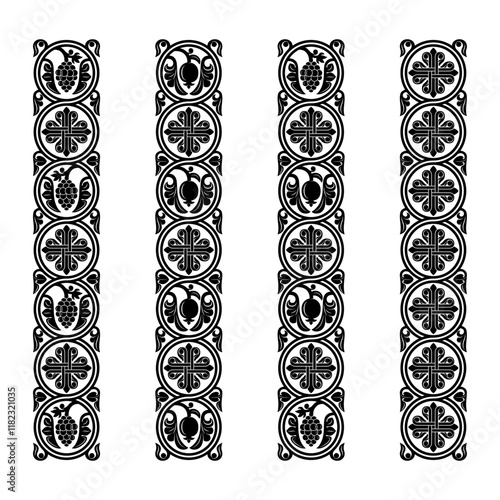 Set of decorative black patterns with symbolic plants and cross. Overlapping circles. Stencil for wood carving.