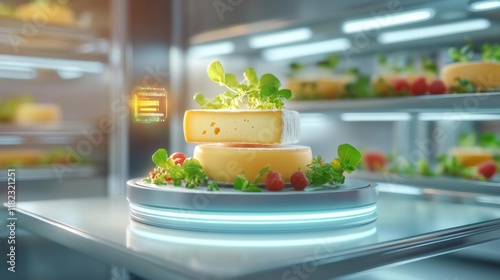 Futuristic Smart Cheese Cellar with Holographic Display. Generative AI photo