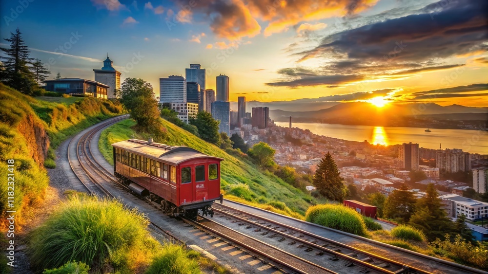 Naklejka premium Vintage Seattle Spring Sunset: Train Cars on Hilltop