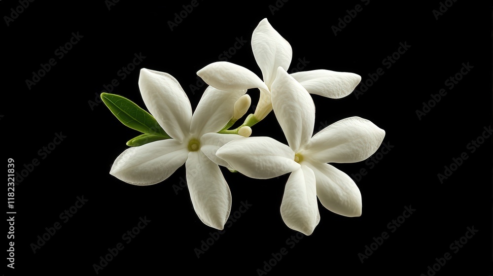Three delicate white jasmine flowers with a single green leaf isolated on a black background. Ideal for beauty product packaging or elegant wedding invitations. Three delicate white jasmine flowers with a single green leaf isolated on a black background. Ideal for beauty product packaging or elegant wedding invitations.