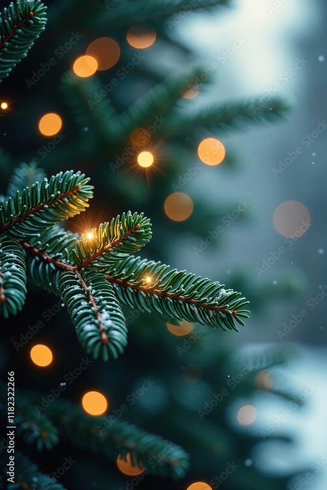 Evergreen branch with twinkling lights in soft winter glow, winter, evergreen Evergreen branch with twinkling lights in soft winter glow, winter, evergreen