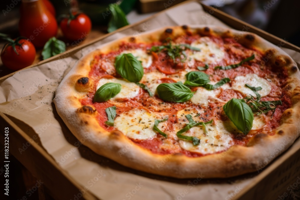 Neapolitan pizza margherita served in a cardboard box Neapolitan pizza margherita served in a cardboard box
