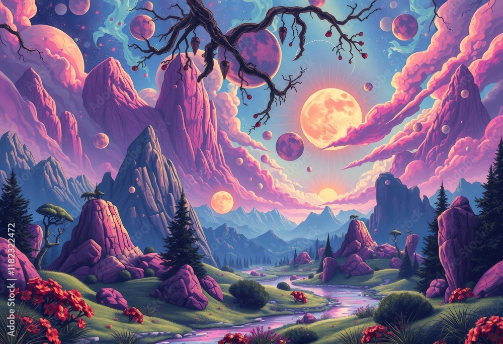 A fantasy landscape with mountains, a river, and a sky full of planets. A fantasy landscape with mountains, a river, and a sky full of planets.