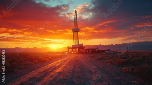 Oil Rig in Desert Sunrise with Dramatic Sky. Generative AI photo