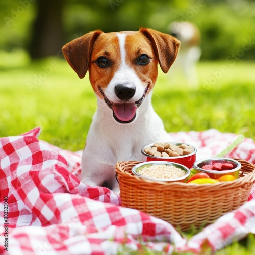 Happy Dog Enjoys a Delicious Meal on a Picnic Blanket in a Vibrant Green Park Surrounded by Nature and Fresh Food Choices for Pets photo