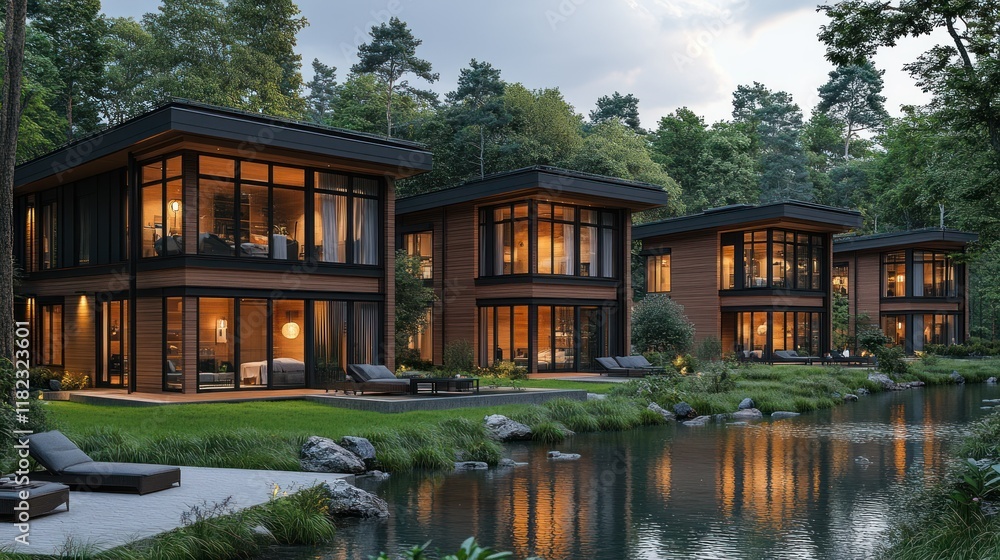 Modern homes by a serene lake in a forested setting. Modern homes by a serene lake in a forested setting.