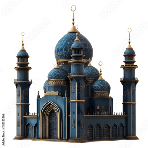 3d illustration of blue and gold mosque with minarets isolated png transparent background photo